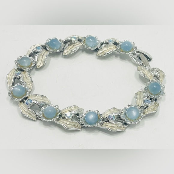 Vintage Judy Lee Blue Moonglow Flower Bracelet 7” Aurora Borealis Rhinestones AB - Picture 1 of 10
